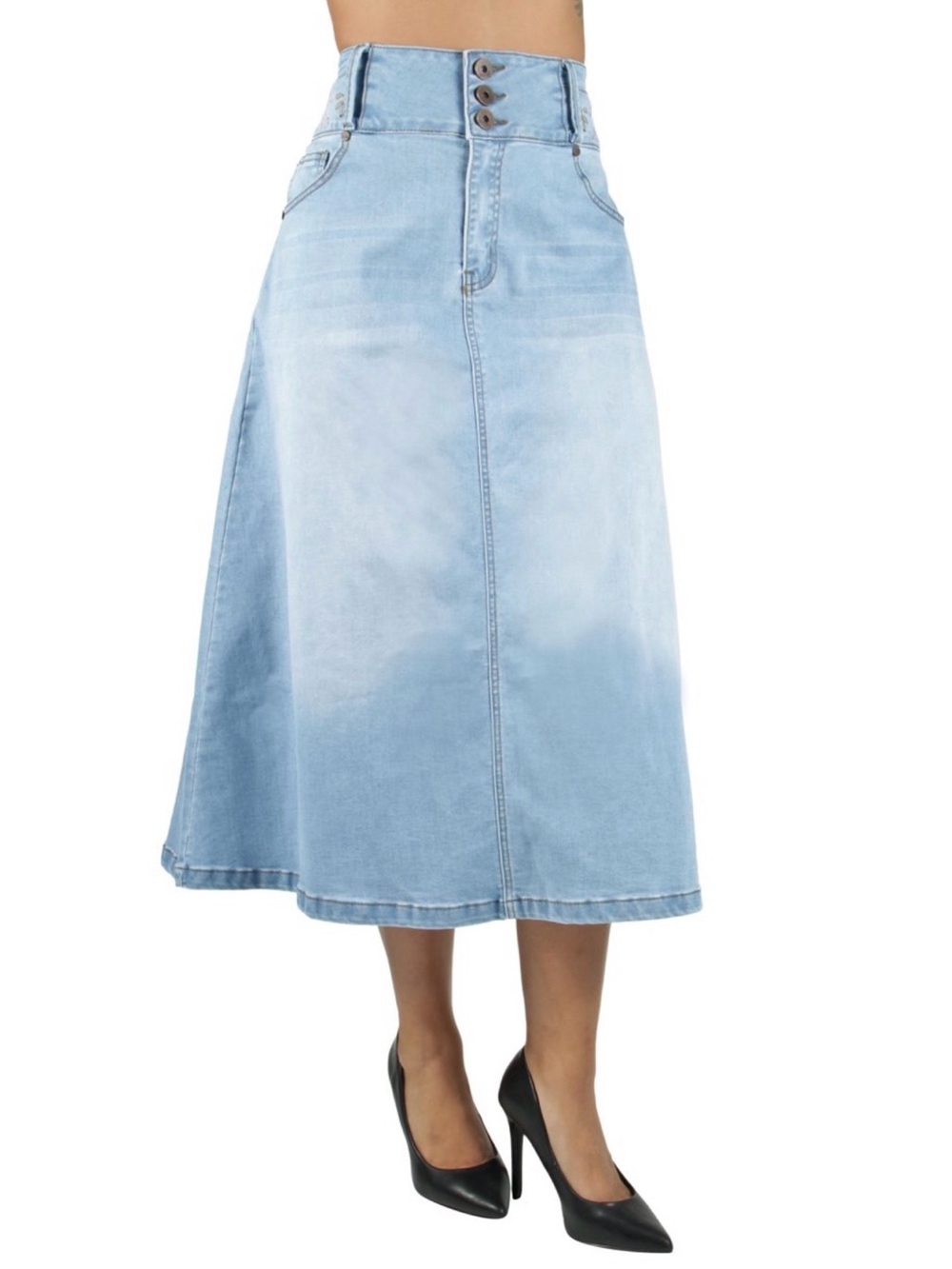 High-Waist Stretchy Light Blue Denim Skirt with Embroidered Waist